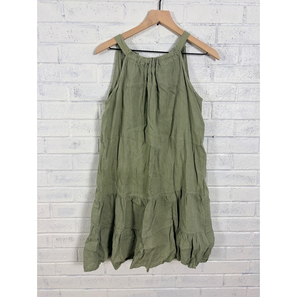 Bellambia Dress Womens S Green Linen Tiered Ruffle Halter Mini Made in Italy